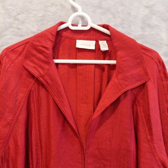 CHICO'S Open Front Jacket 2 L 12 14 Sleek Shiny True Red Pockets cuffed long - Picture 6 of 13